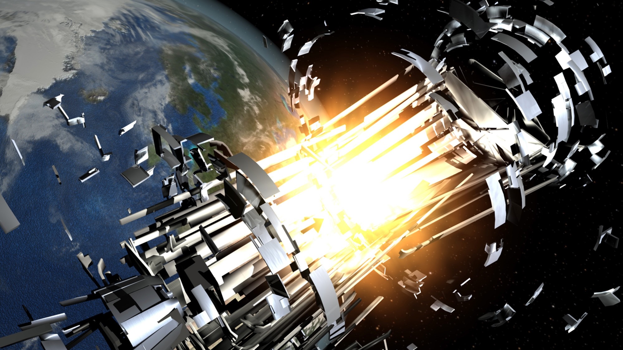 航天图片资料 · illustration of a satellite breaking apart in orbit, with earth in the background