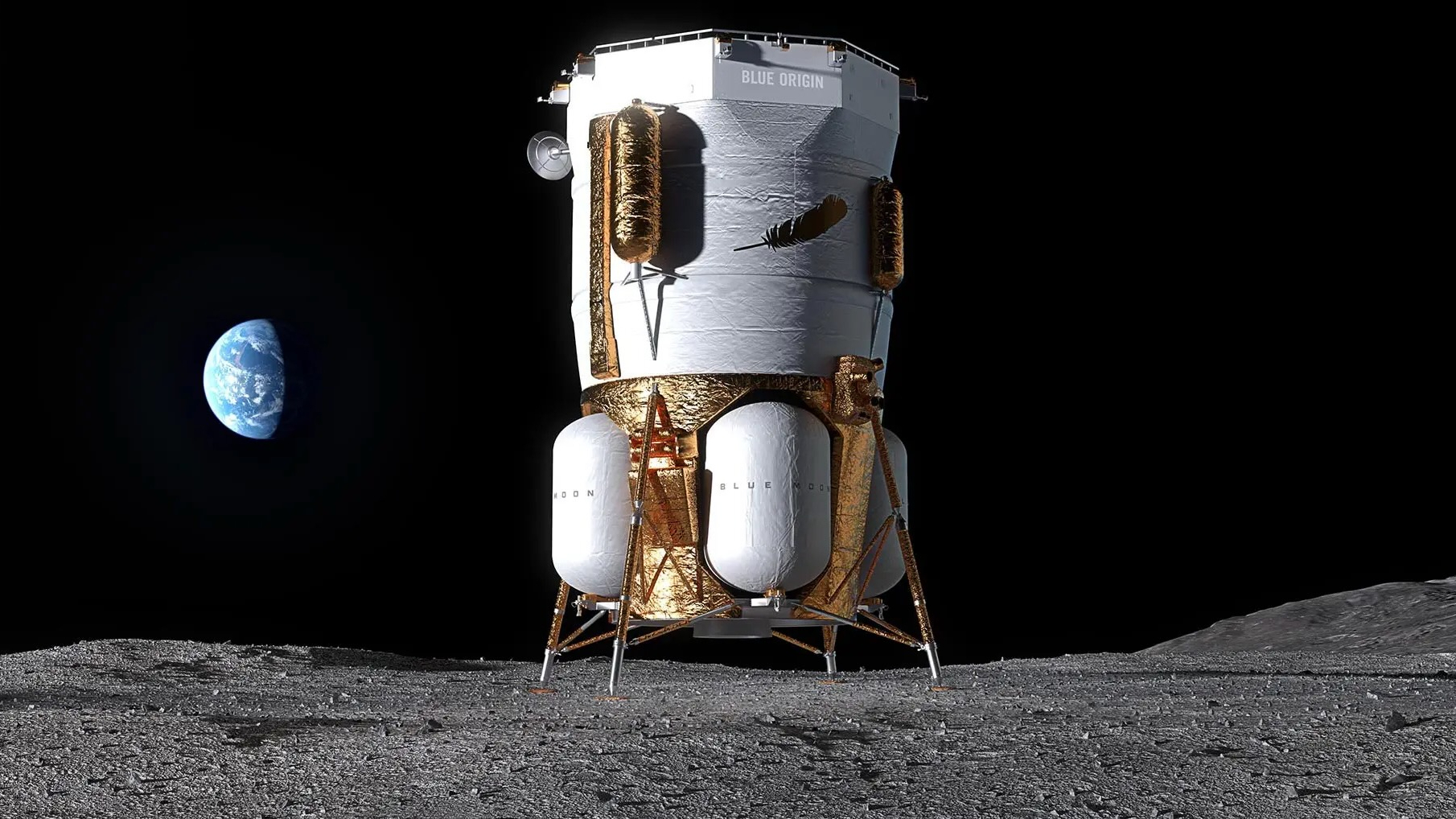 航天图片资料 · illustration of a tall, gold and white spacecraft on the moon with earth in the background