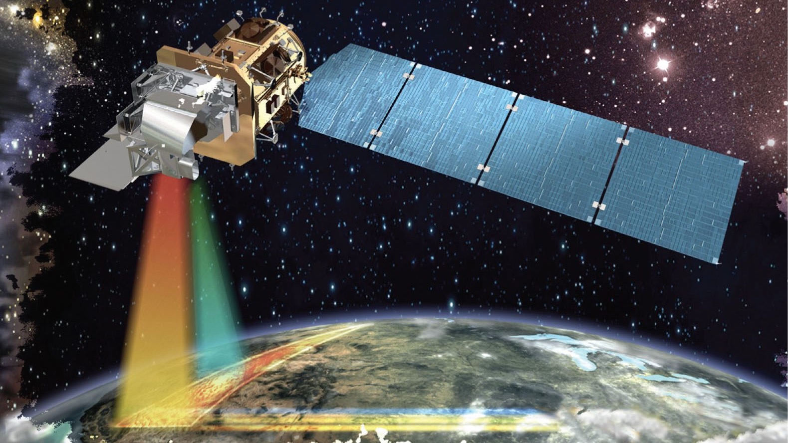 航天图片资料 · Illustration of a satellite studying Earth, with orange and blue beams representing its data-gathering work