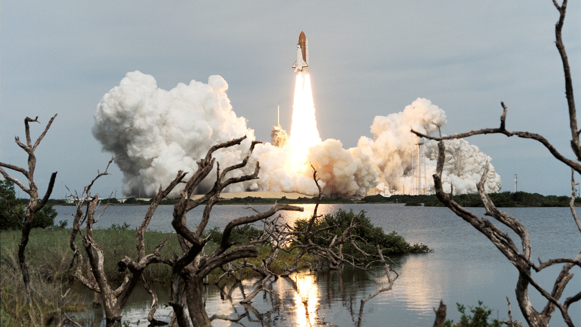 航天图片资料 · a space shuttle launches in the distance with large plumes of smoke on either side. The foreground shows flora near a body of water, which reflects the rocket engine flames.