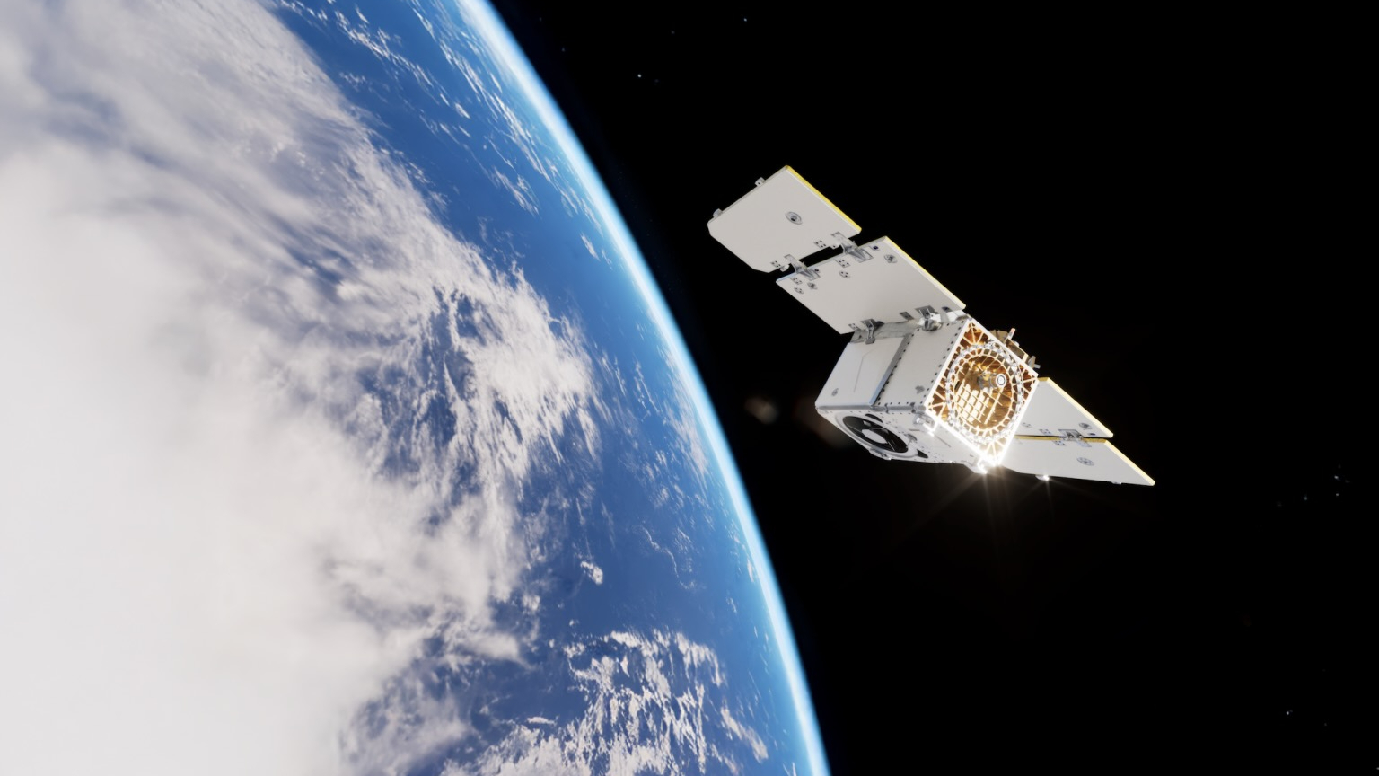 航天图片资料 · illustration of a white, boxy satellite high above earth