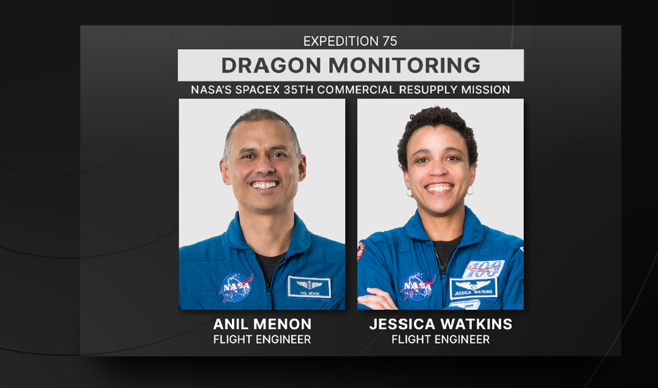 航天图片资料 · NASA astronauts Anil Menon and Jessica Watkins will monitor the arrival of the SpaceX Dragon cargo spacecraft from the International Space Station.