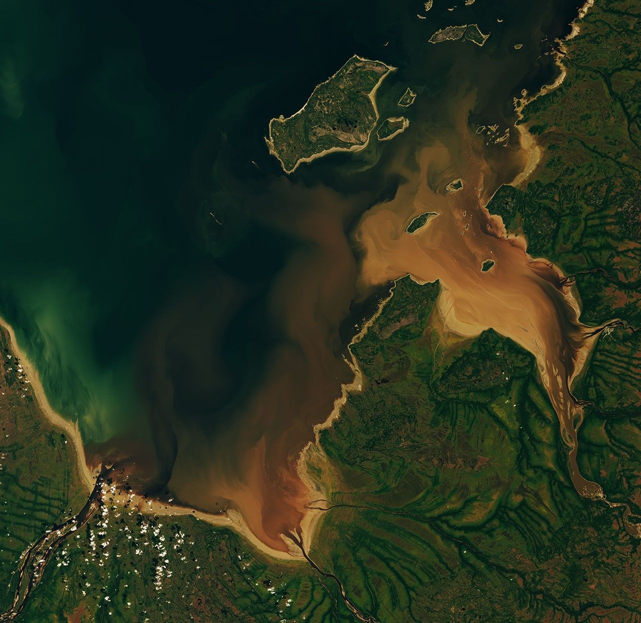 航天图片资料 · Dark brown water from the Nottaway, Harricanaw, and Moose rivers swirls into dark blue bay waters and mingles with plumes of lighter brown suspended sediment. Charlton Island and the much smaller Stag Rock are visible close to the shoreline.