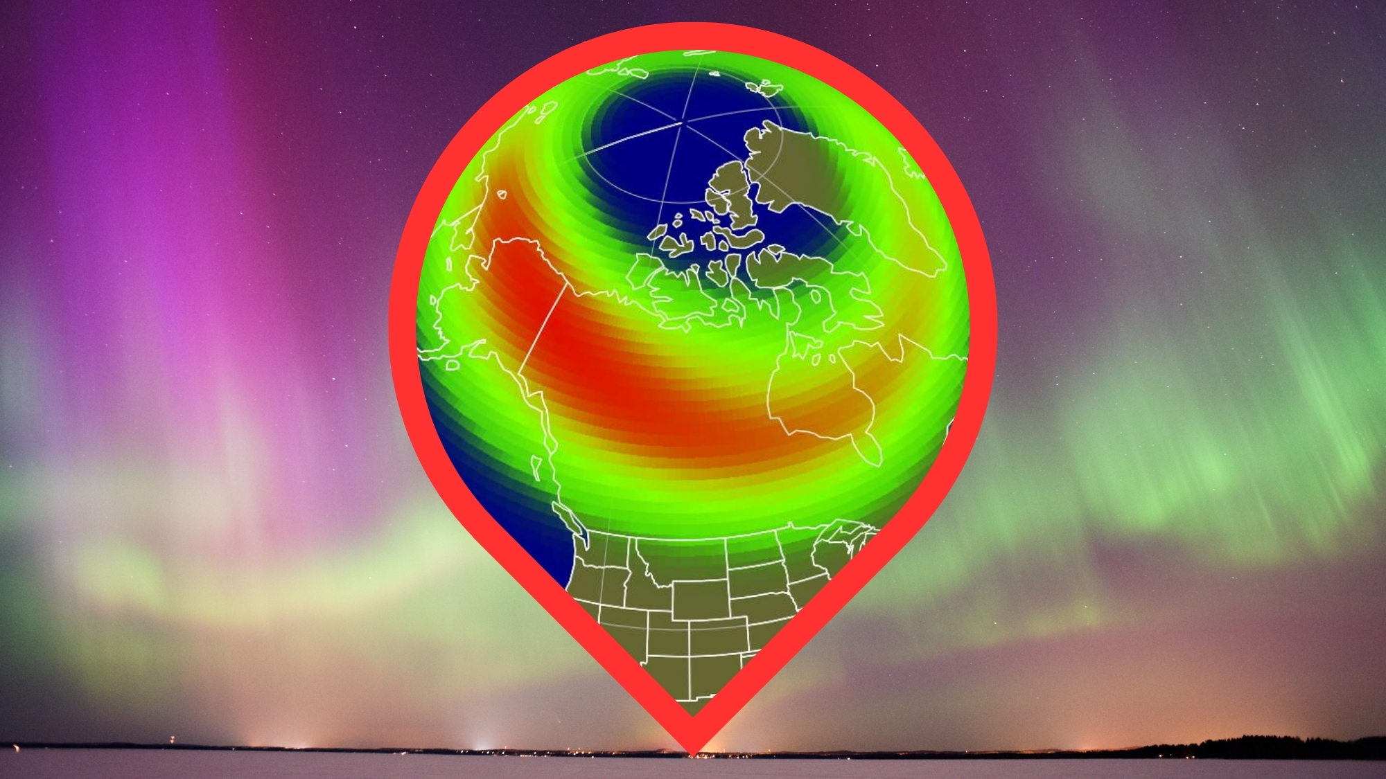 航天图片资料 · map showing the possible visibility of the northern lights over the US. in the background are vivid green and magenta auroras.