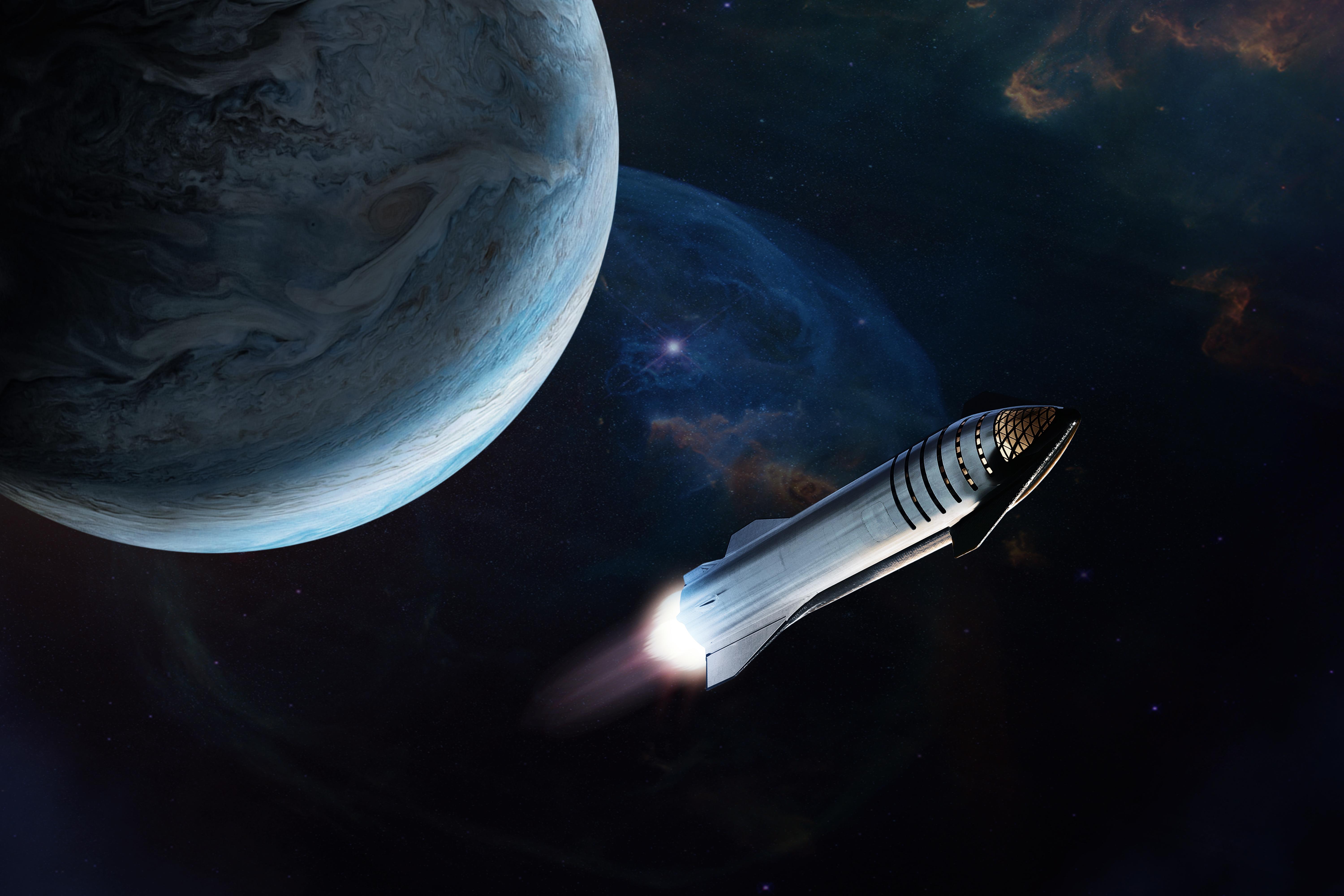 航天图片资料 · A Starship-style rocket fires its engines in space beside a blue planet.
