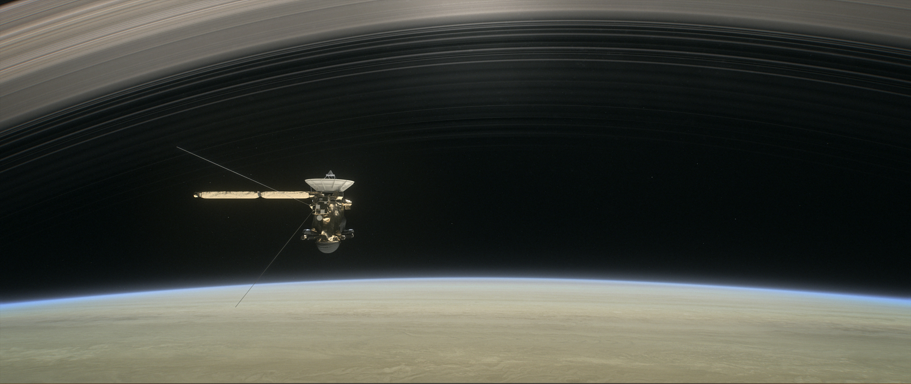 航天图片资料 · This artist's illustration shows Cassini making one of its final five dives through Saturn's upper atmosphere in August and September 2017.