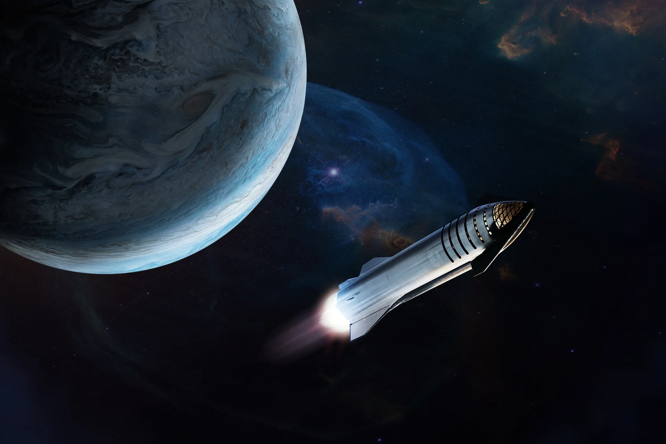 航天图片资料 · Artist's depiction of Starship leaving Earth orbit with the planet in the upper left quadrant of the image.
