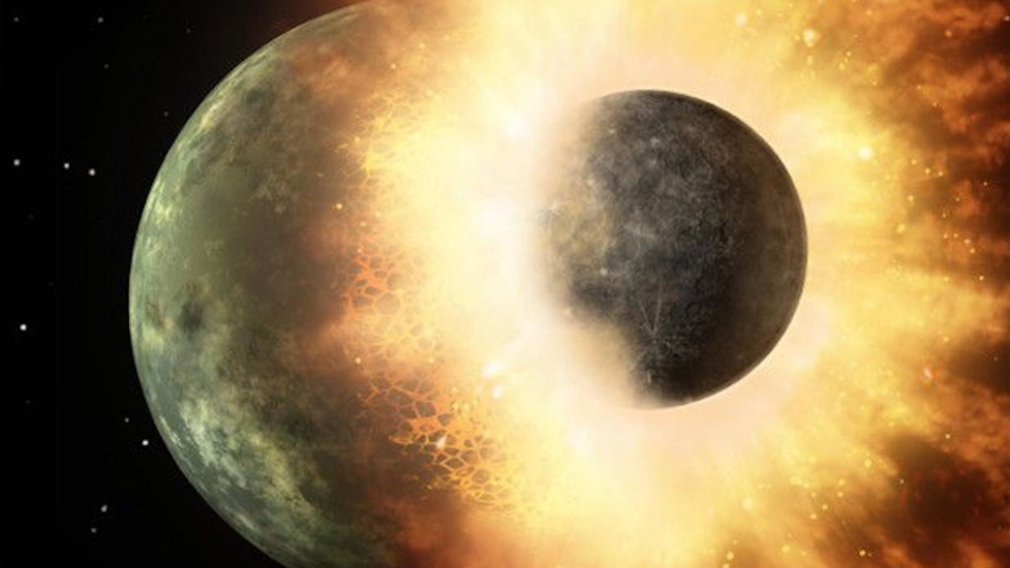 航天图片资料 · two large orbs collide, creating an explosion of fire and large rocky objects