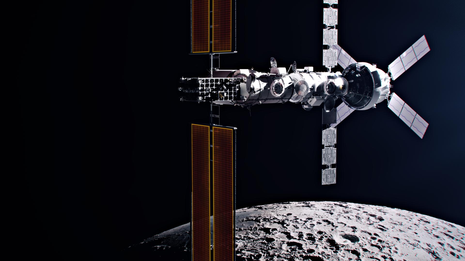 航天图片资料 · CGI rendering of the Gateway space station hosts the Orion spacecraft and SpaceX's deep space logistics spacecraft in a polar orbit around the Moon, supporting scientific discovery on the lunar surface during the Artemis IV mission.