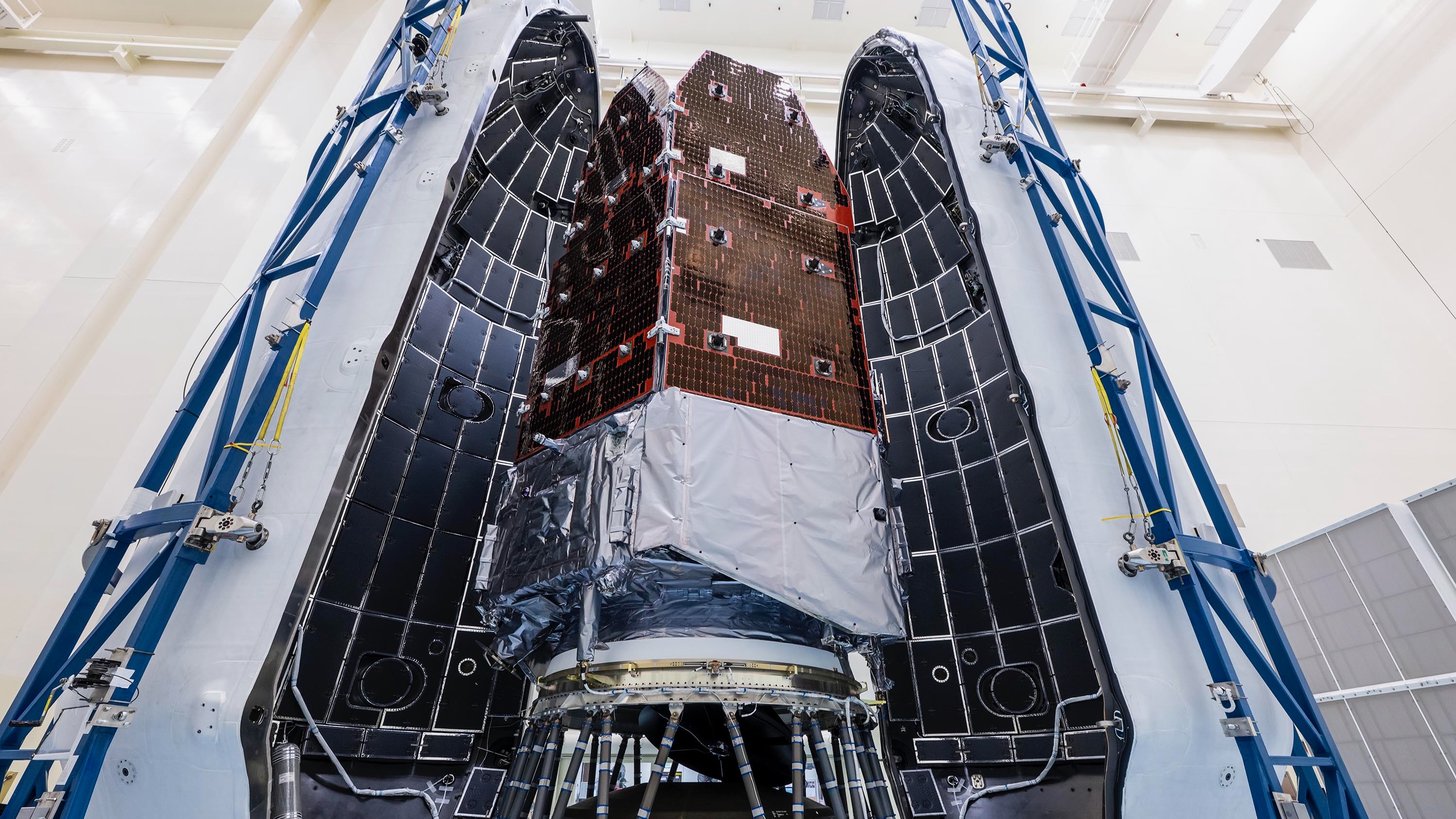 航天图片资料 · NASA's Nancy Grace Roman Space Telescope is encapsulated in the payload fairing of its SpaceX Falcon Heavy rocket.