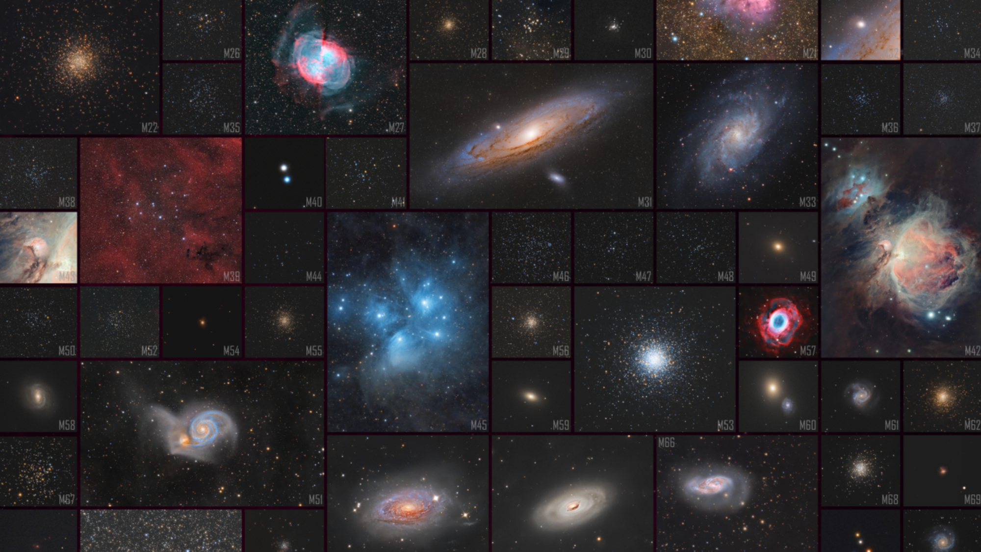 航天图片资料 · Dozens of deep sky objects are shown in a mosaic ranging from glaxies to star clusters and nebulas.