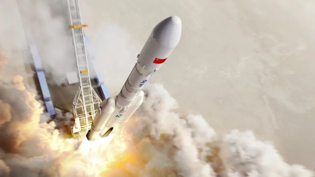 航天图片资料 · artist's illustration of a white rocket launching, in a top-down view from just above the payload fairing.