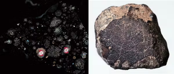 航天图片资料 · a split image. a dark background looks at microscopic pieces of mars rock. on the right, a mars rock.