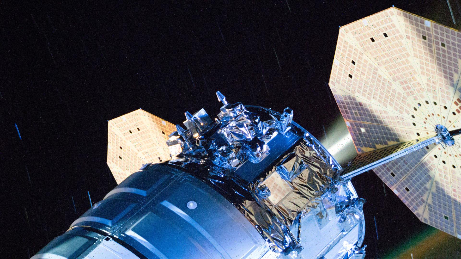 航天图片资料 · Northrop Grumman’s Cygnus XL cargo spacecraft fires its engines while berthed to the Unity module, lifting the International Space Station’s orbit. The orbital reboost placed the station at the correct altitude for the rendezvous and docking of the Progress 96 resupply ship, scheduled to launch in early September.