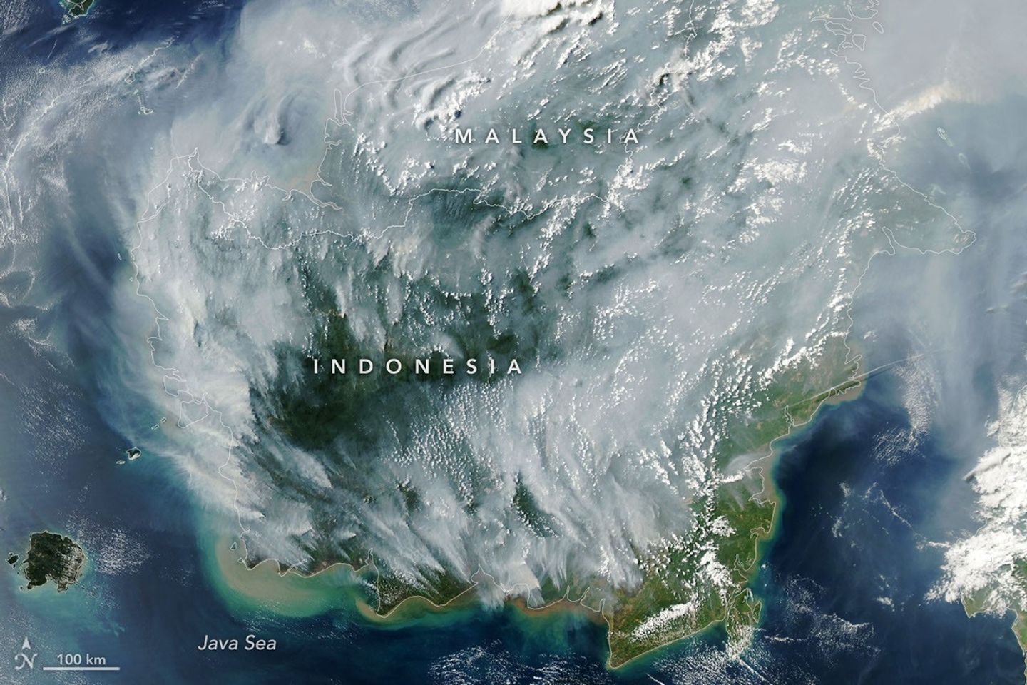 航天图片资料 · Thick gray plumes of smoke stream from large numbers of fires scattered across the island of Borneo.