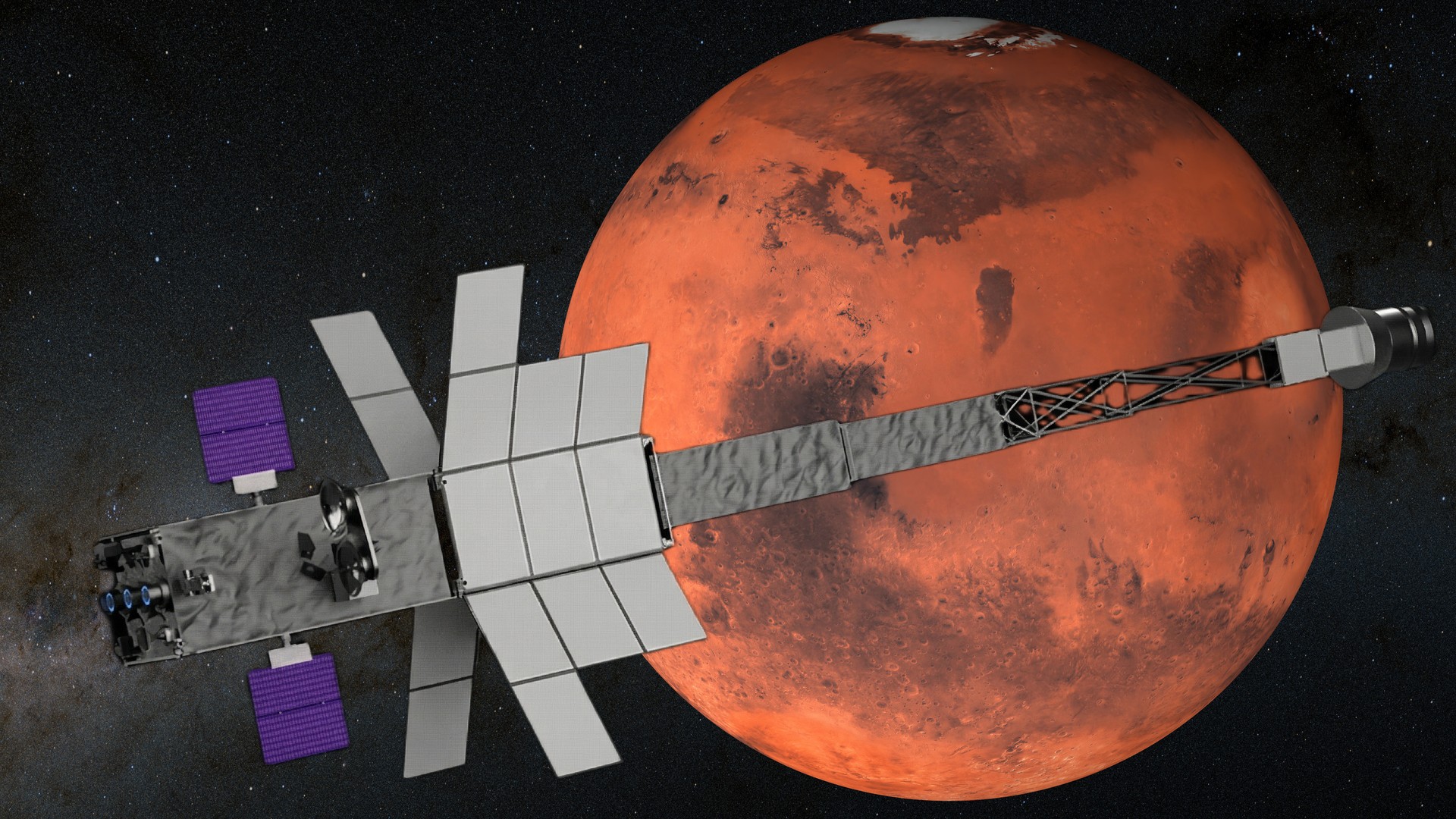 航天图片资料 · a long rectangular spaceship in front of reddish orange planet