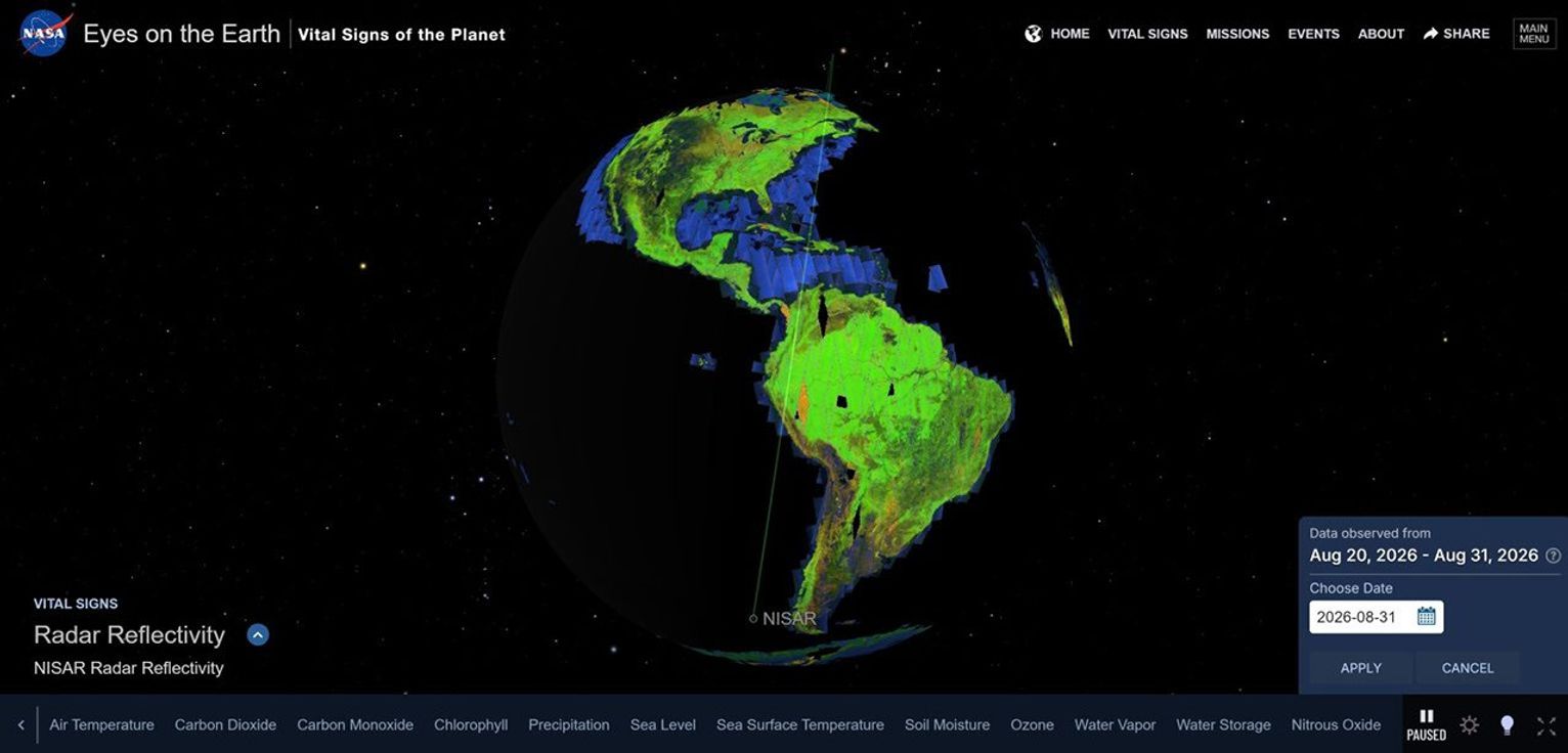 航天图片资料 · An image from NASA's Eyes on the Earth application showing the NISAR spacecraft's radar refelctivity map of the entire globe.