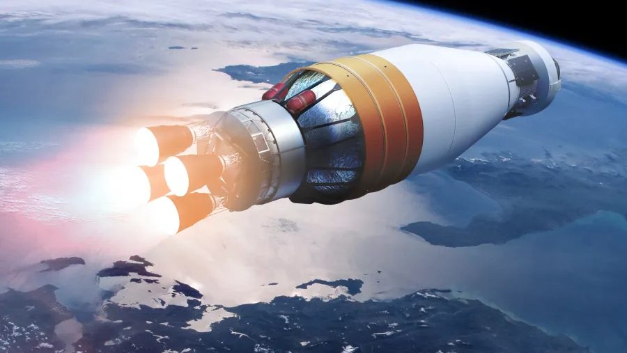 航天图片资料 · four rocket engines propel a spacecraft above the Earth.