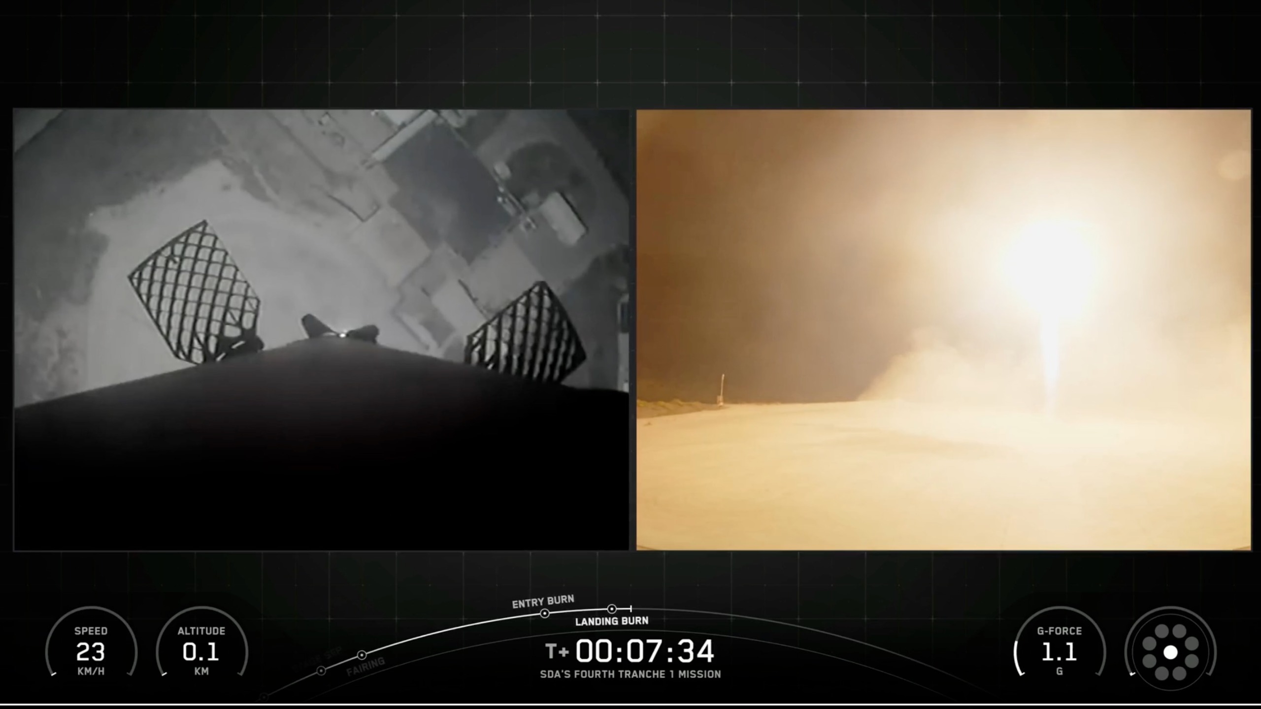 航天图片资料 · two views of a rocket landing at night &mdash; one from the rocket itself and the other from off to the side