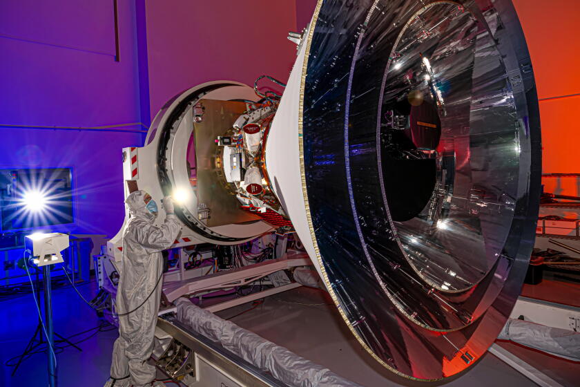 航天图片资料 · NASA's SPHEREx observatory is oriented in a horizontal position, revealing all three layers of photon shields as well as the telescope. This photo was taken at BAE Systems in Boulder, Colorado, in April 2024.