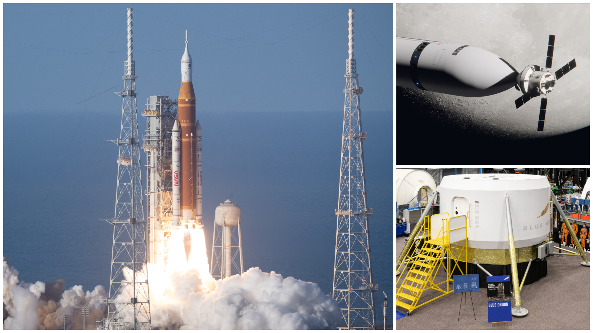 航天图片资料 · A collage of three images showing NASA's Artemis 2 launch, SpaceX's Starship docked to Orion and the Blue Moon lander