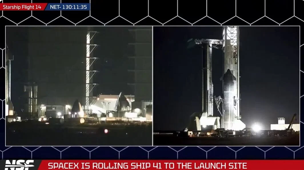 航天图片资料 · Ship 41 arrives at the Starbase launch site as Ship 44 is prepped for stacking