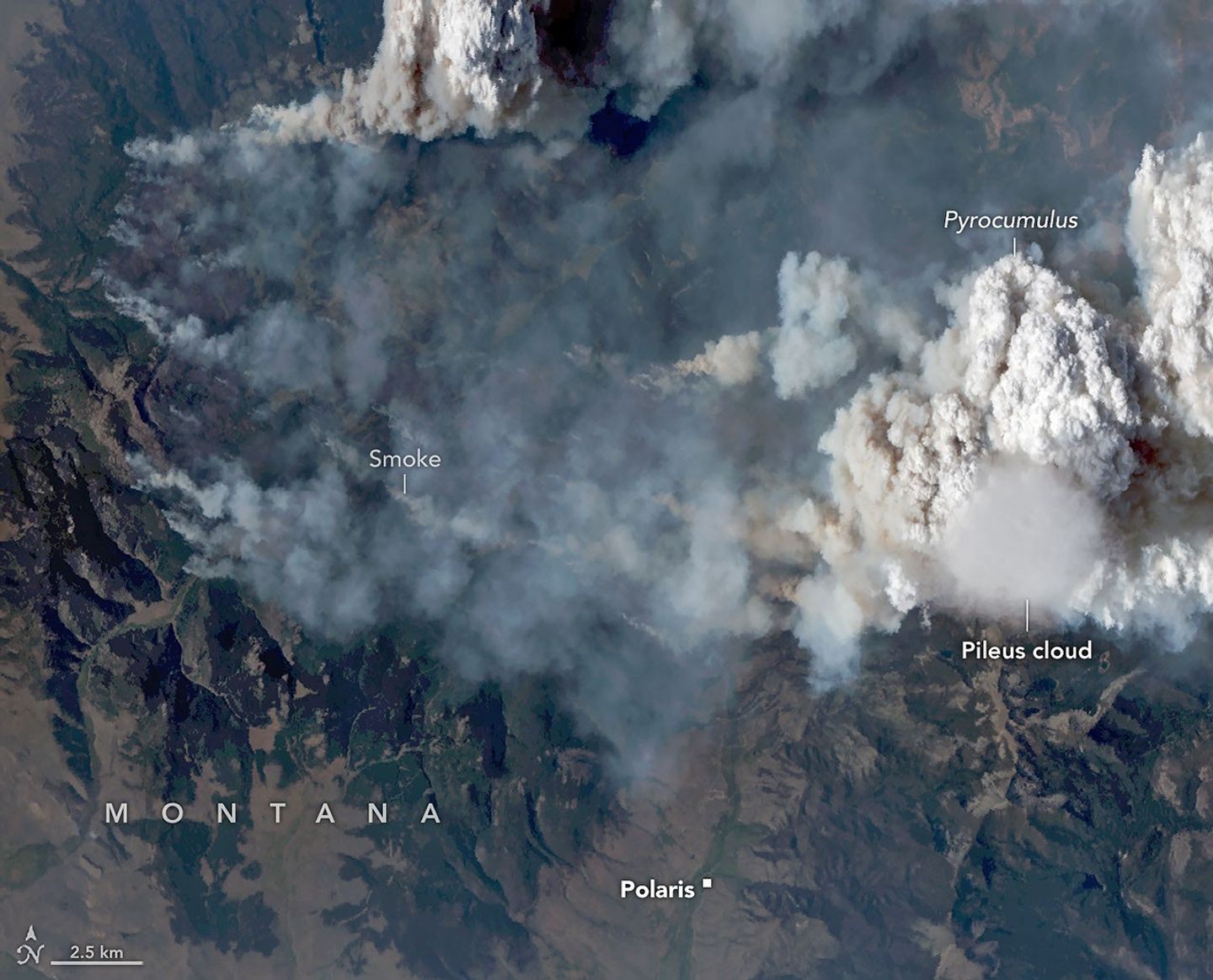 航天图片资料 · Natural-color aerial image of a wildfire in mountainous terrain. Thick gray and brown smoke spreads across much of the landscape, while a towering white pyrocumulus cloud rises at right. A smooth, thin pileus cloud hovers just below the main convective cloud.