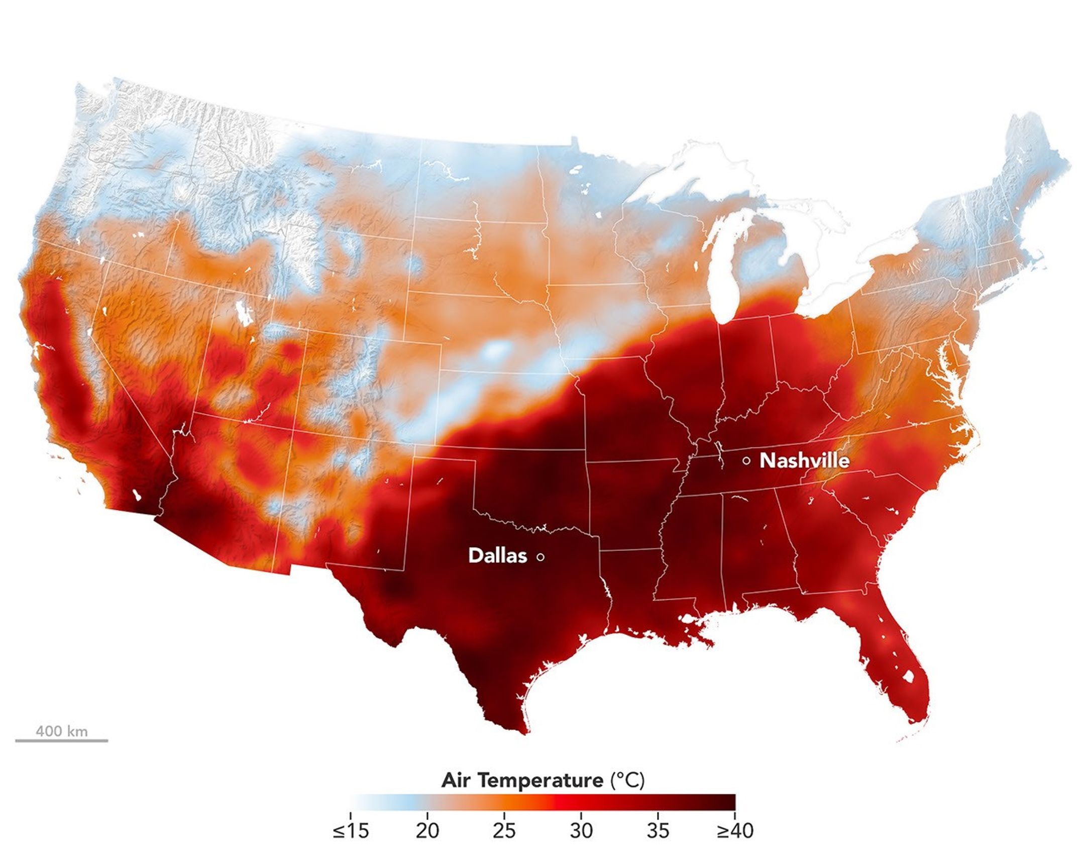 航天图片资料 · Air temperatures in the United States are depicted in white to light blue (cooler) and orange to red (warmer). An area of red, indicating temperatures around 100 degrees Fahrenheit, covers Texas and several states to the east and northeast.