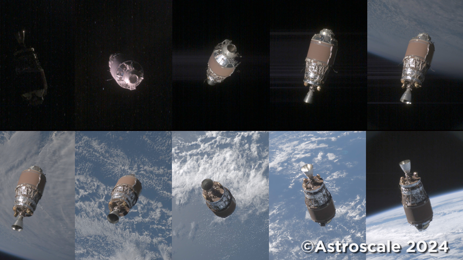 航天图片资料 · collage of 10 photos taken by a satellite, showing a rocket body tumbling in earth orbit