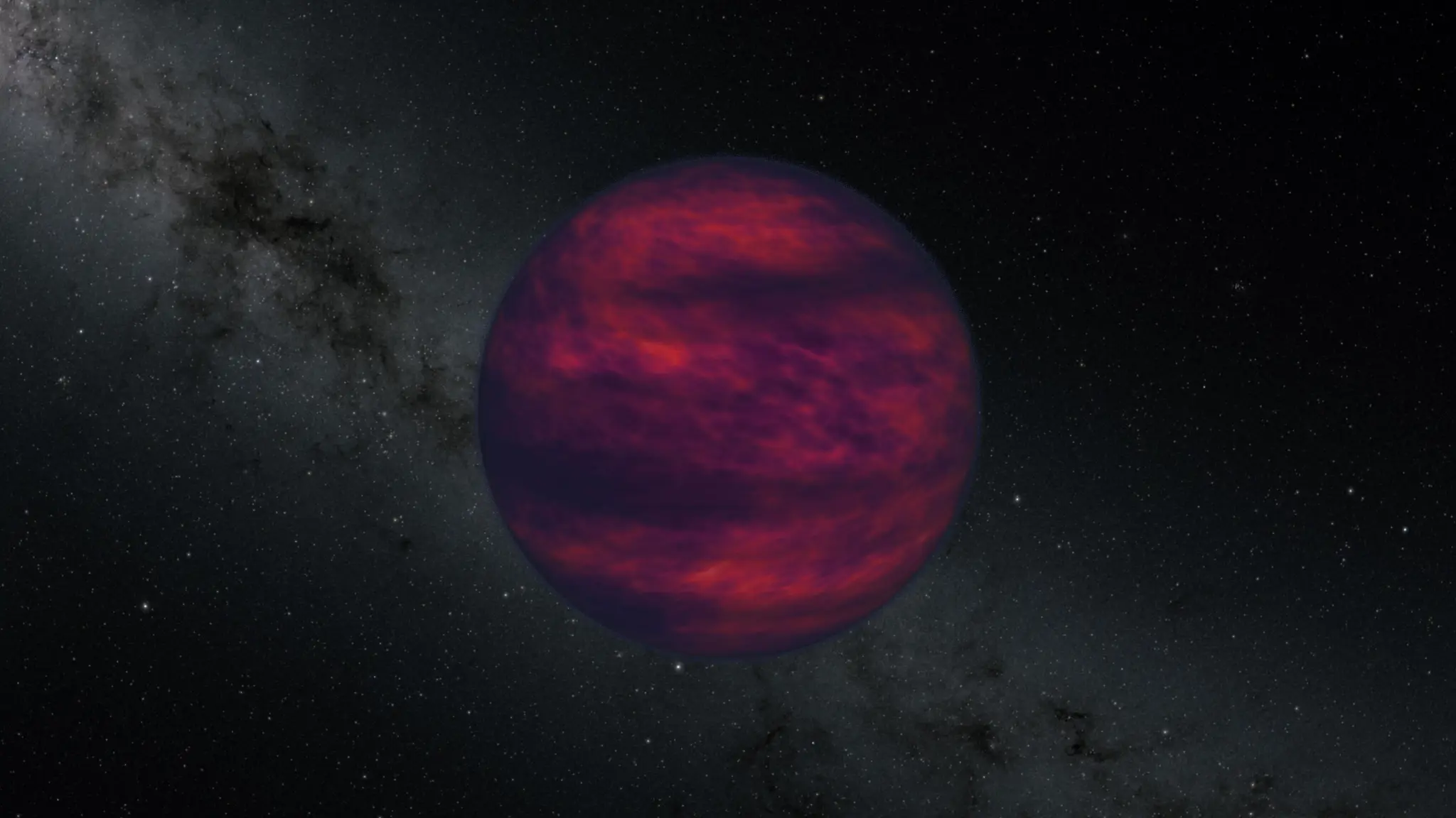 航天图片资料 · An artist's impression of a planet-like brown dwarf floating in space, glowing with a dull, mottled reddish-purple light against a dark background of stars and the faint band of a galaxy.