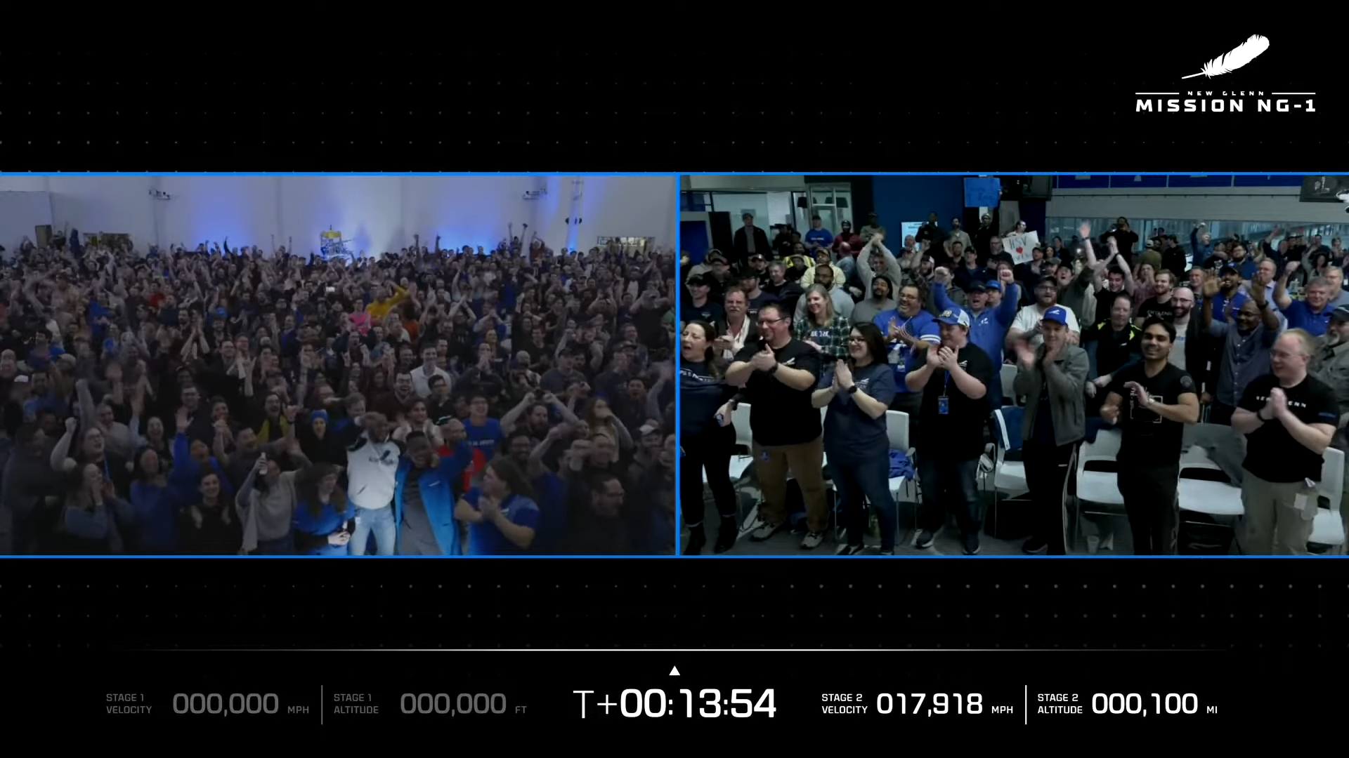 航天图片资料 · split screen showing two crowds of people applauding during a rocket launch