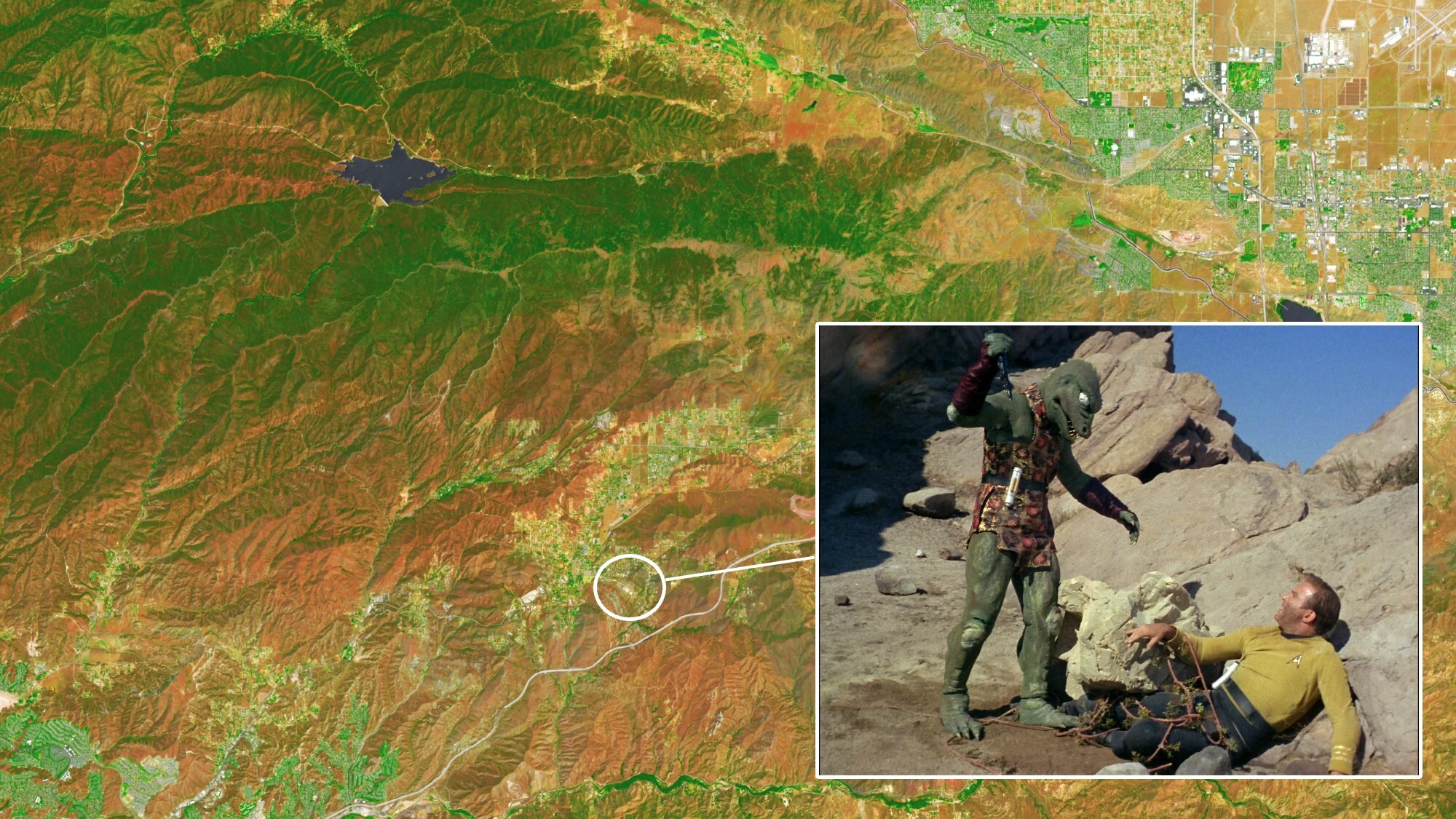 航天图片资料 · Captain Kirk and the Gorn face off in the corner of the screen pointing to the filming location on a satellite image below.