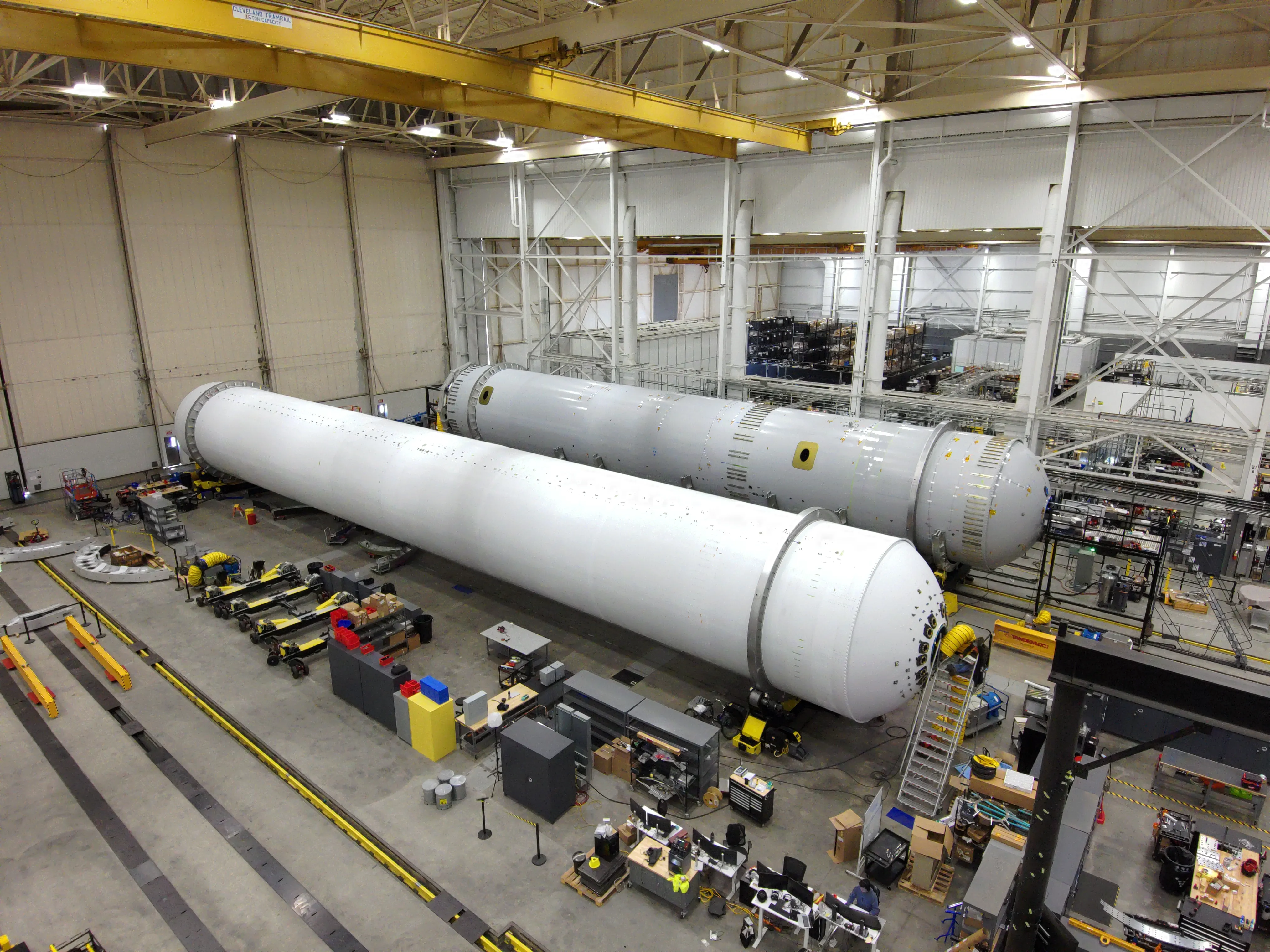 航天图片资料 · TOS-L-Relativity-Space-Jobs-03 Relativity Space's first stage flight and qualification articles for its Terran R rocket sit at the manufacturing site at its Long Beach, California facilities in this June 2026 handout image. (Courtesy/Relativity Space)