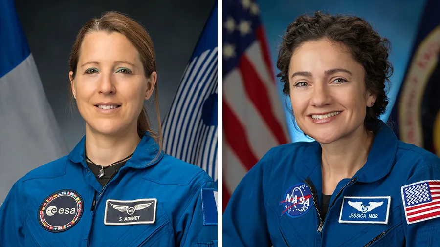 航天图片资料 · Astronauts Sophie Adenot of ESA and Jessica Meir of NASA pose for their official crew at the Johnson Space Center in Houston, Texas.
