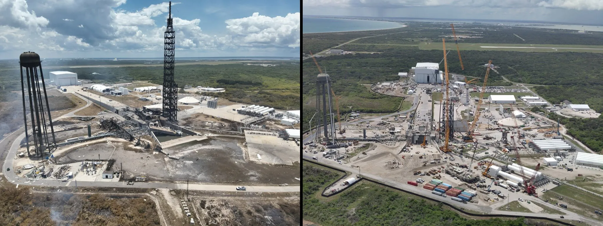 航天图片资料 · compareblueoriginpad0915 Damage at Blue Origin's Launch Complex 36 seen from drone footage on May 29 after a massive pad explosion, left, with progress on rebuild construction as of September 11. (Courtesy/Blue Origin)