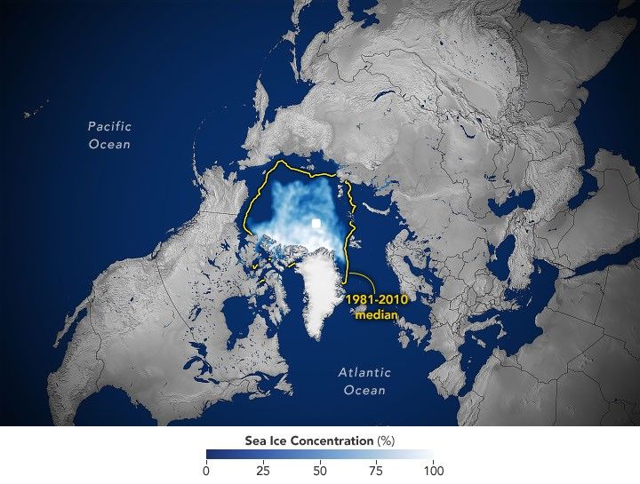 航天图片资料 · A map of the shows sea ice in September 2026 covering a smaller area than the 1981–2010 median, which is outlined in yellow.