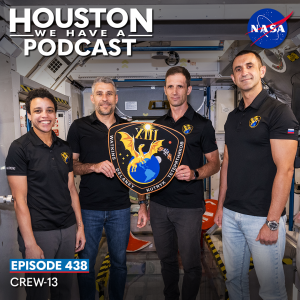 航天图片资料 · Houston We Have a Podcast Episode 438: Crew-13 NASA astronauts Jessica Watkins and Luke Delaney, Canadian Space Agency Astronaut Josh Kutryk, and Roscosmos Cosmonaut Sergey Teteryatnikov pose holding their crew patch in a space station training module.