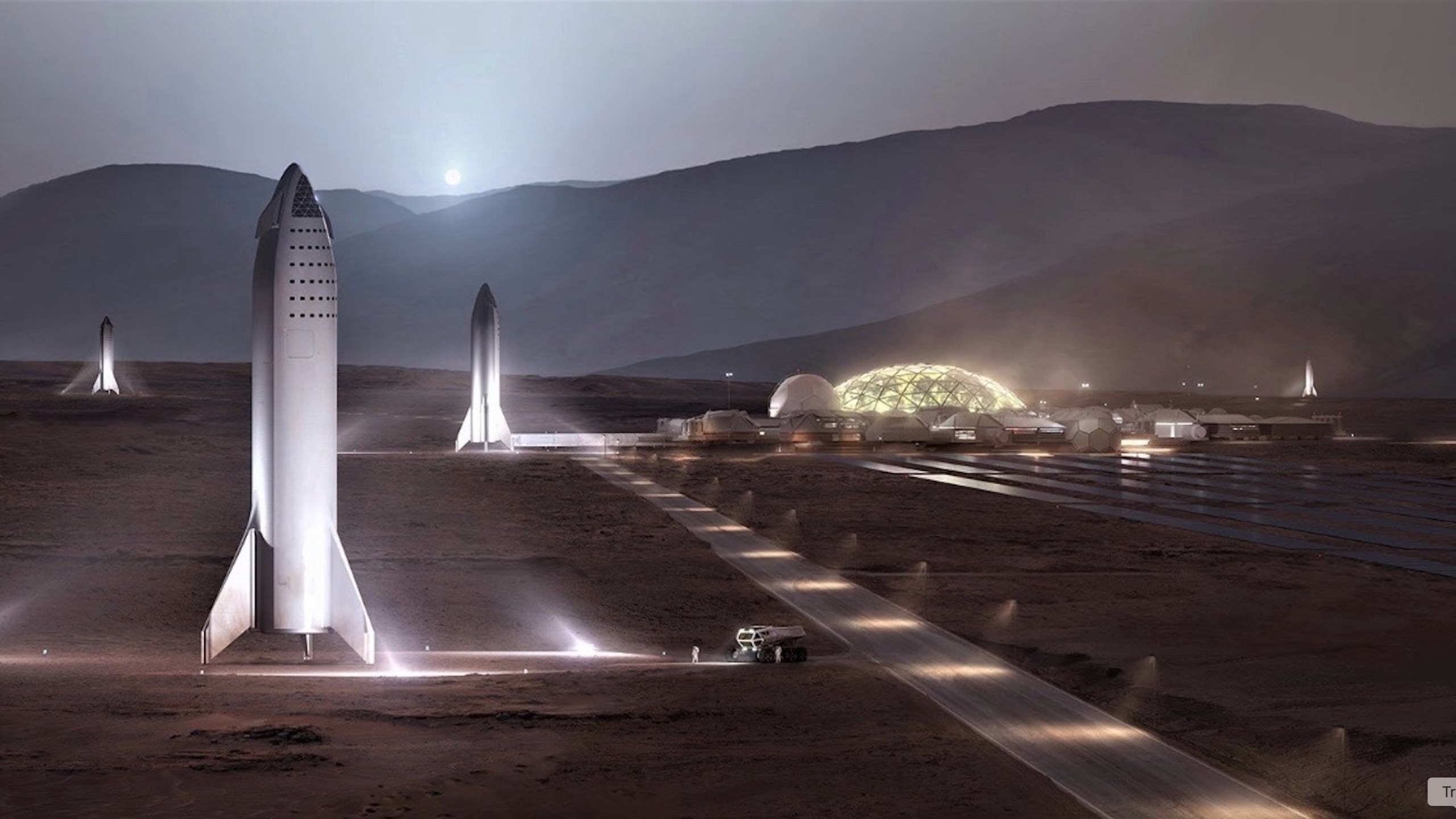 航天图片资料 · illustration showing several large spacecraft and a domed habitat building on mars