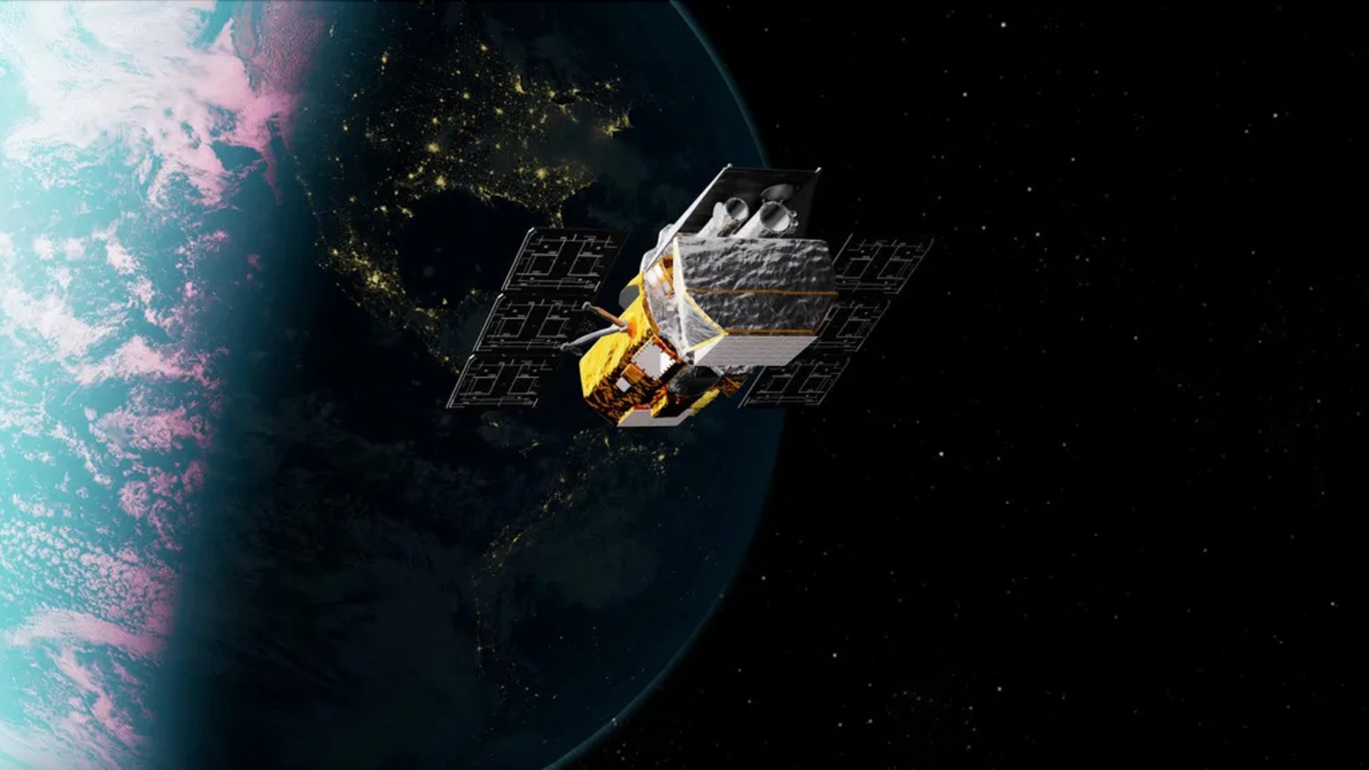 航天图片资料 · illustration of a golden and gray spacecraft orbiting earth at night