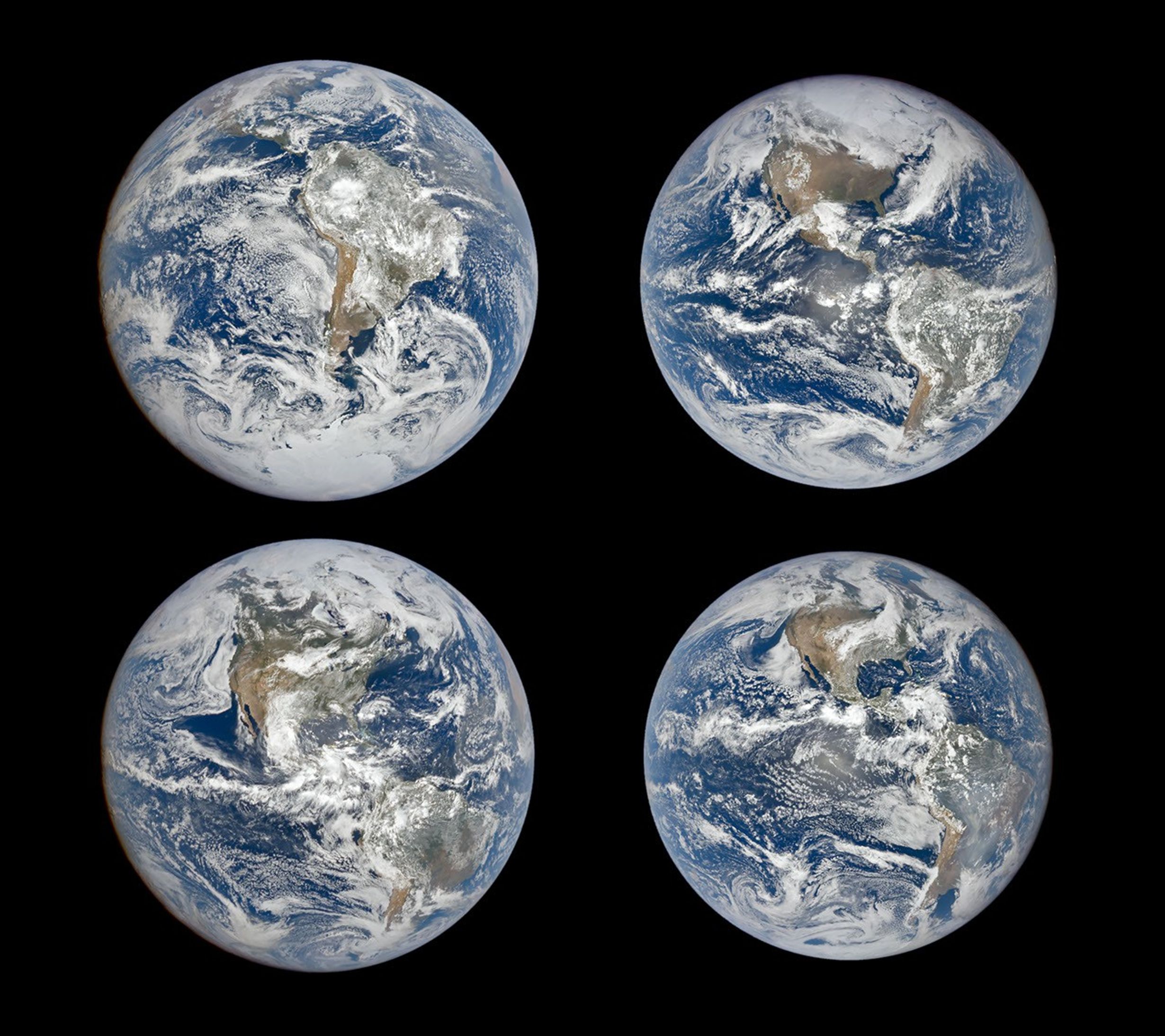 航天图片资料 · Four full-disk images of Earth are arranged in a two-by-two grid. The December image on the upper left shows the South America centered with Antarctica visible. The June image features parts of North America and Arctic sea ice that were not visible in December. The March and September images have South America and North America in more intermediate positions.