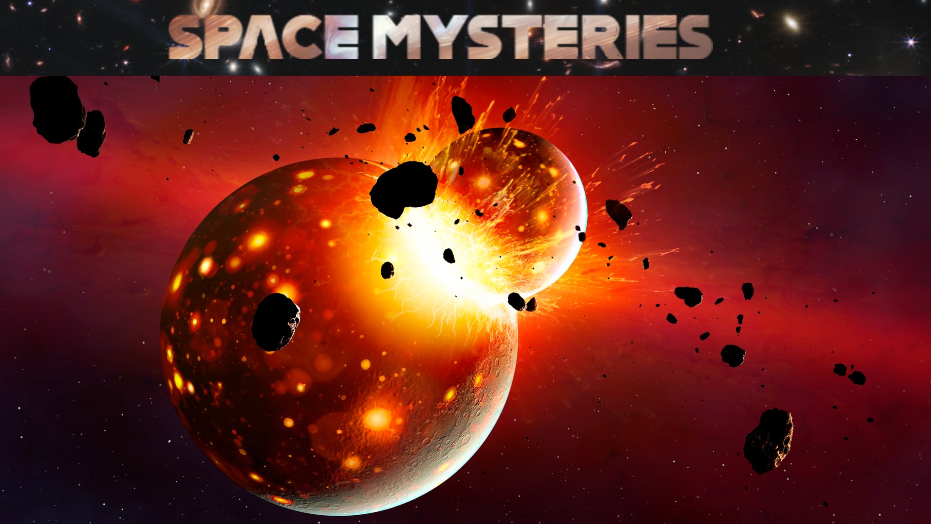 航天图片资料 · two large orbs collide, creating an explosion of fire and large rocky objects