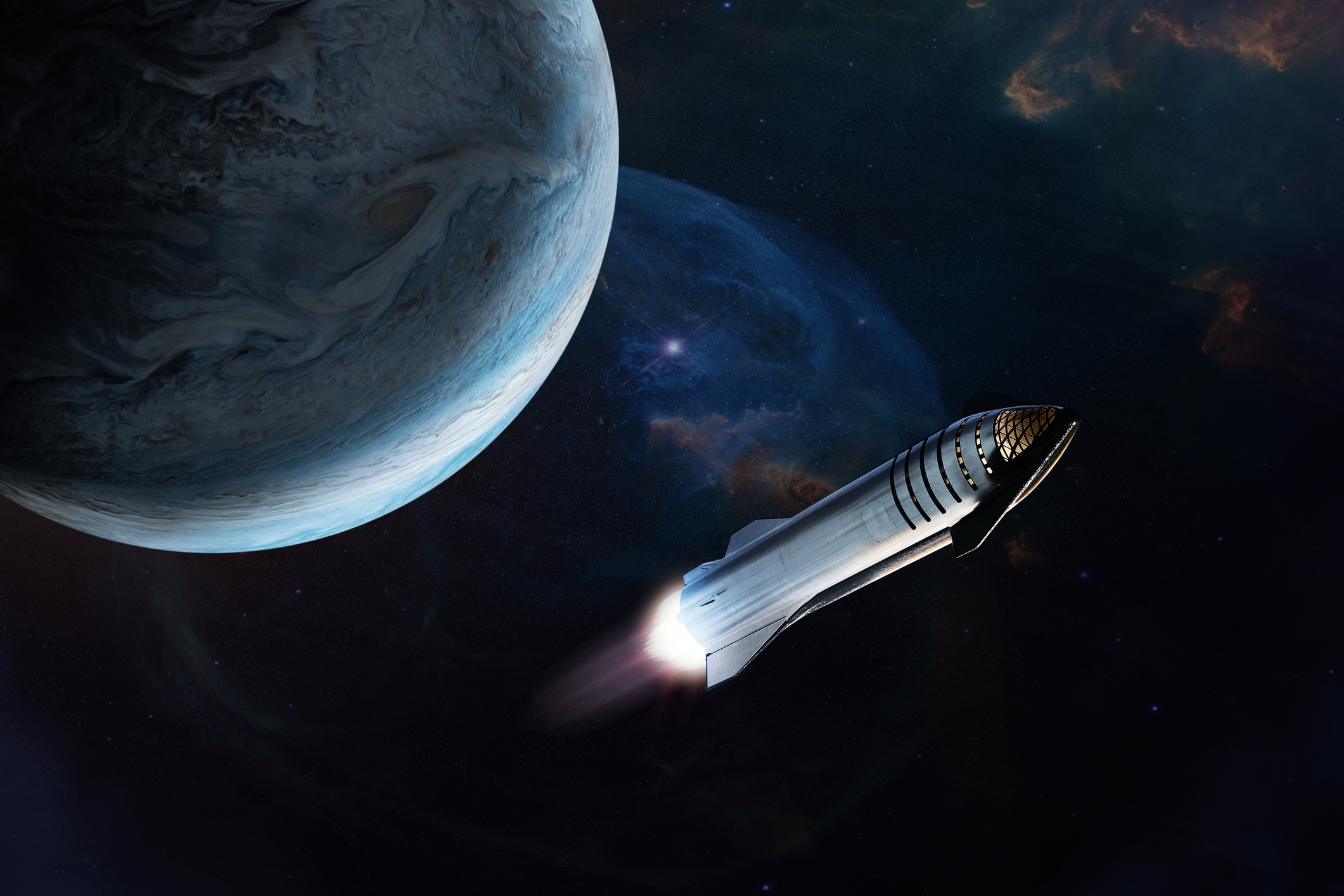 航天图片资料 · Artist's depiction of Starship leaving Earth orbit with the planet in the upper left quadrant of the image.
