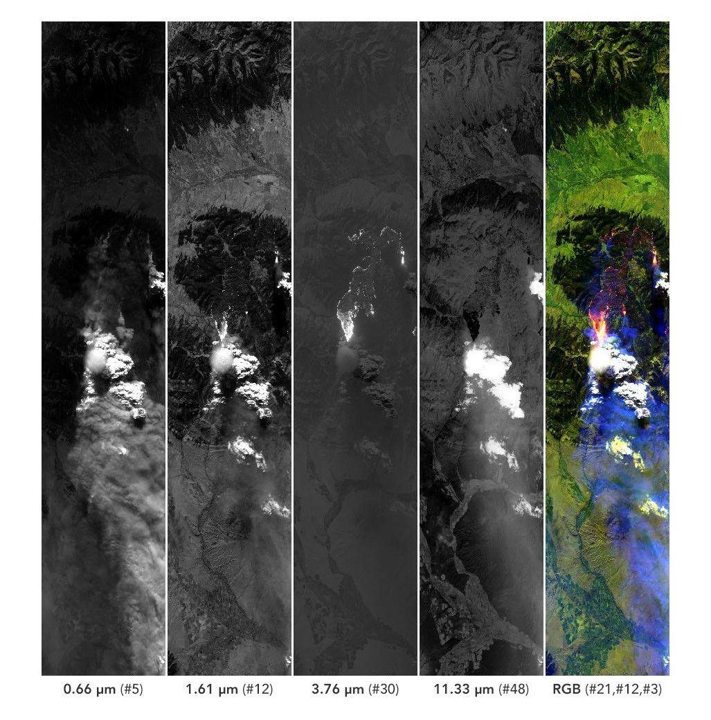 航天图片资料 · Five side-by-side panels from the MASTER instrument show a wildfire and its smoke plume. The four left panels are grayscale views of the scene at progressively longer wavelengths. The rightmost panel is a false-color composite in which active fires appear pink and yellow, burned areas in purple, smoke in purple, and clouds in white.