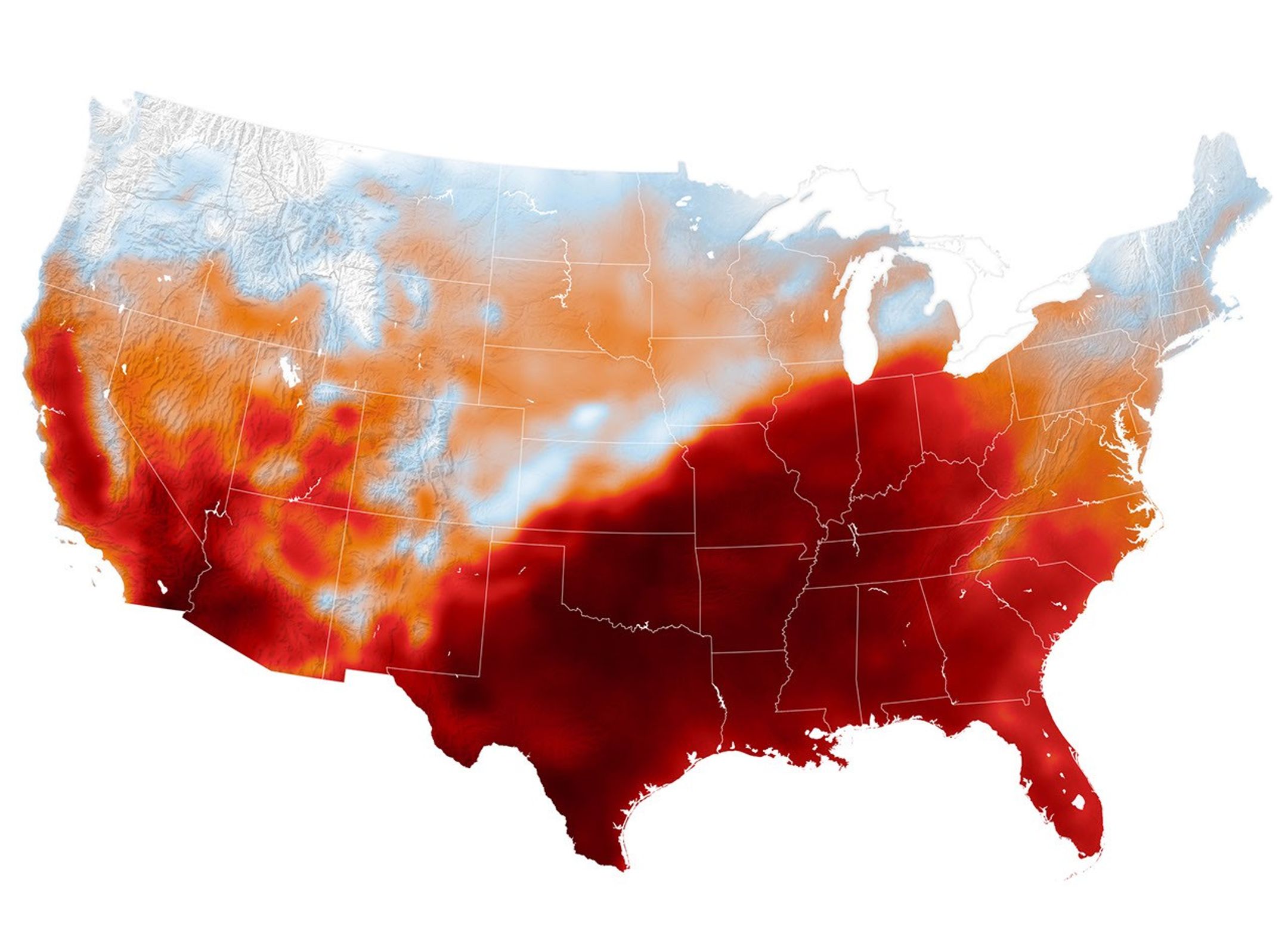 航天图片资料 · Air temperatures in the United States are depicted in white to light blue (cooler) and orange to red (warmer). An area of red, indicating temperatures around 100 degrees Fahrenheit, covers Texas and several states to the east and northeast.