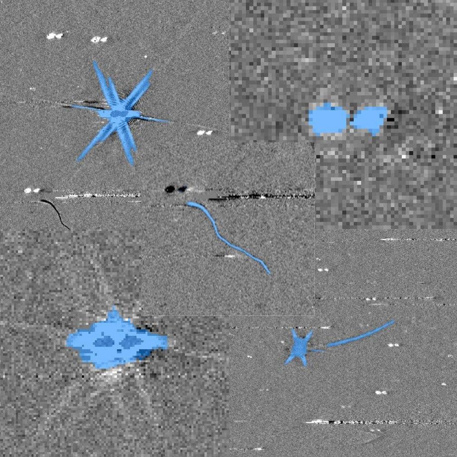 航天图片资料 · Collage of grayscale space telescope images showing several types of image artifacts, including streaks, curved lines, star-like shapes, and irregular patches. Blue overlays mark pixels identified by an AI model as potentially invalid.