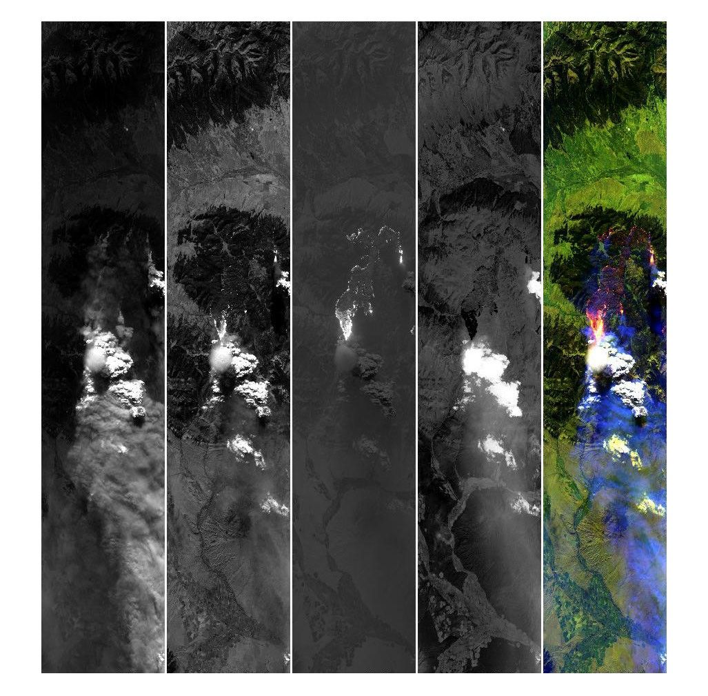 航天图片资料 · Five side-by-side panels from the MASTER instrument show a wildfire and its smoke plume. The four left panels are grayscale views of the scene at progressively longer wavelengths. The rightmost panel is a false-color composite in which active fires appear pink and yellow, burned areas in purple, smoke in purple, and clouds in white.