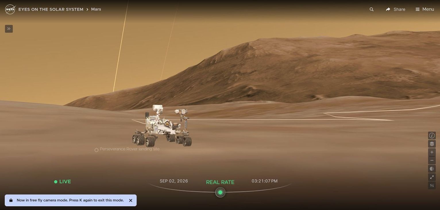 航天图片资料 · An image of the Perseverance rover sitting on Mars in its current position with full 3D terrain simulated in Eyes on the Solar System.