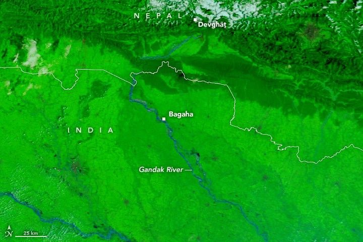 航天图片资料 · A false-color satellite image shows the Gandak River before the flooding on September 20, 2026.