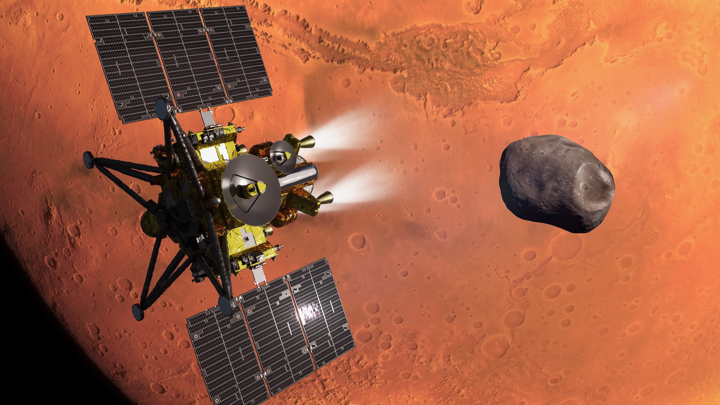 航天图片资料 · An artist&rsquo;s concept of JAXA&rsquo;s MMX spacecraft during its Mars&rsquo; orbit insertion. The Martian moon Phobos, which MMX will explore and sample, is in the background.
