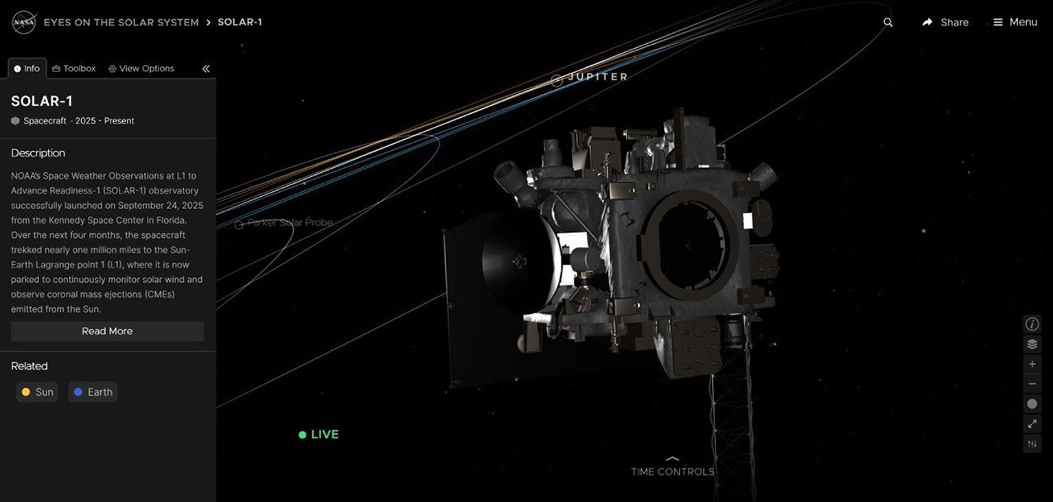 航天图片资料 · An image from the Eyes on the Solar System application showing the new SOLAR-1 spacecraft that was added to the app in August of 2026.